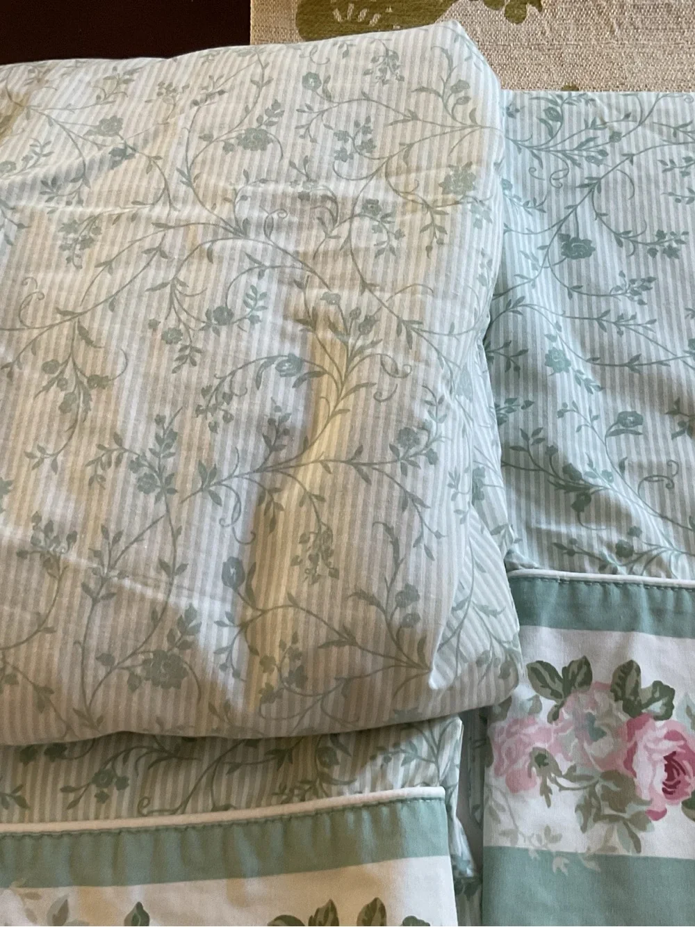 Laura Ashley Cottage Rose Floral W/Green Stripes Twin Sheet Set 3PCS-Vintage